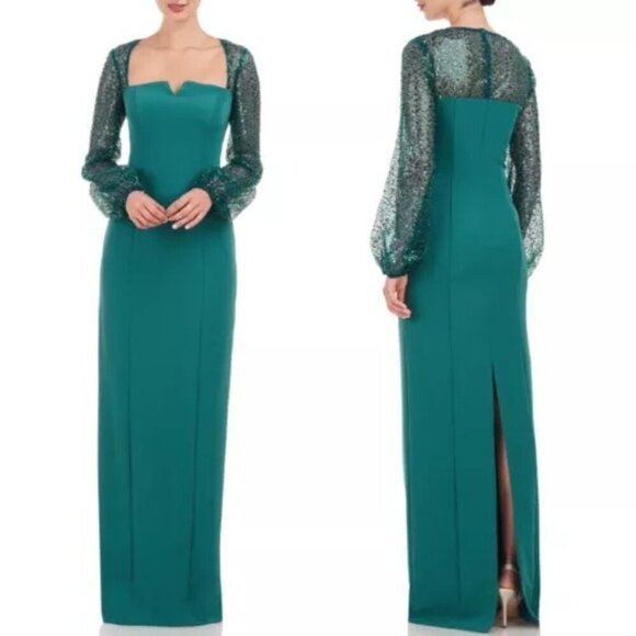 J S Collections Sequin Sleeve Teal Green Formal Gown Square Neckline Slit SZ 2 - Picture 2 of 2